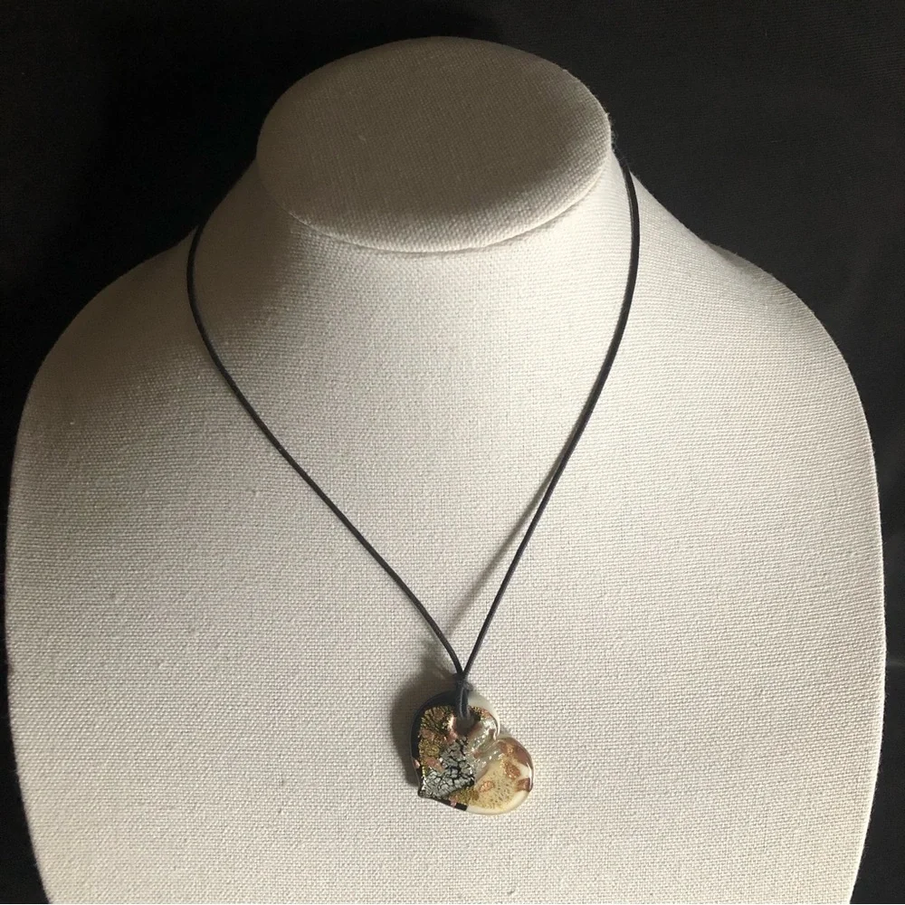 Murano Glass Heart Black & White with Gold, Silver, and Copper Crackle Glaze - Picture 3 of 12